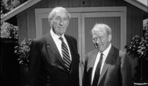 FILE--This is a 1989 file photo of David Packard, left, and Bill Hewlett, right, posing in front of the famous garage in Palo Alto, Calif., where they founded the Hewlett-Packard Company. Packard died on Tuesday, March 26, 1996 at age 83.  They were posing in honor of the 50th anniversary of their company. (AP Photo/Hewlett-Packard, Sam Forencich, ho) 